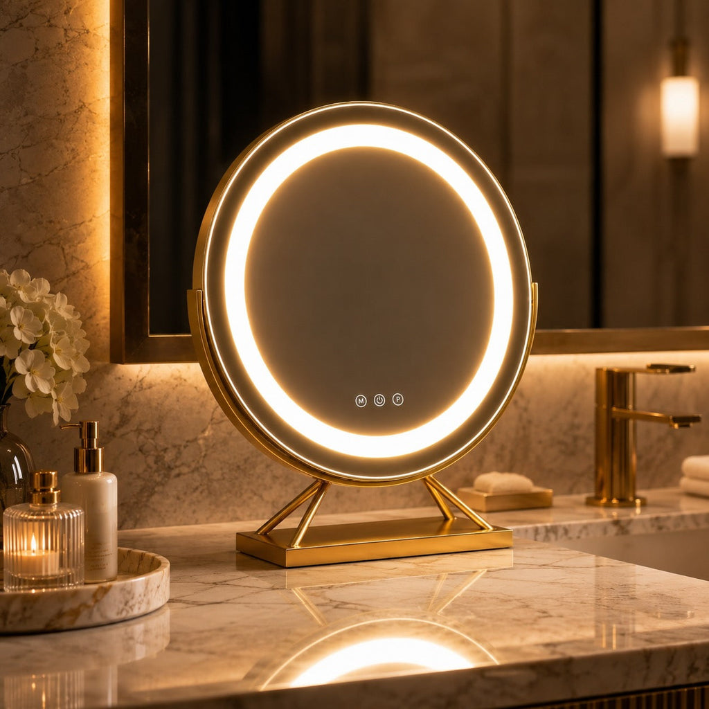 Dimmable Round Makeup Mirror with 15x Magnification and LED Lights for Vanity Desktop Use | ribuella