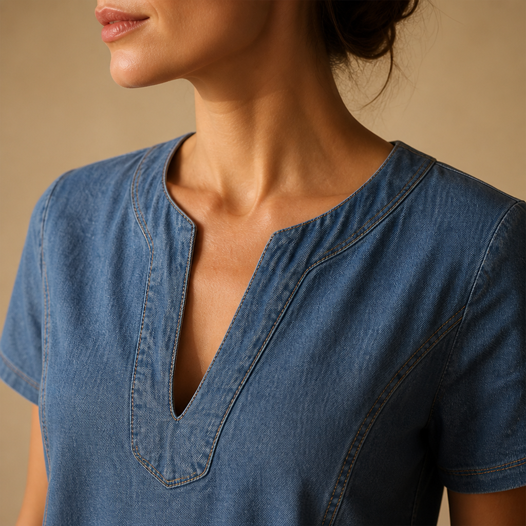 VarelaChic – Relaxed V-Neck Denim Shift Dress with Pockets | ribuella