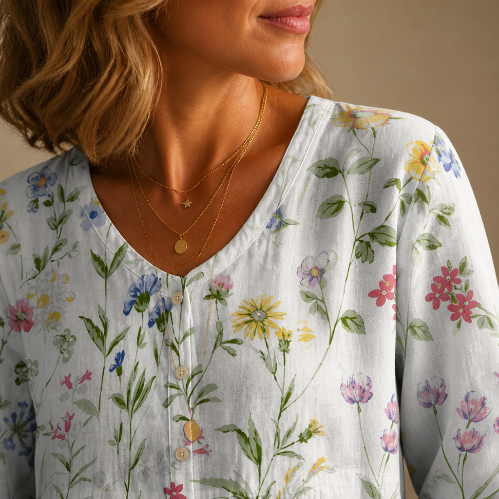 SerenLuxe – Breezy Cotton-Linen Floral Shirt with V-Neck | ribuella