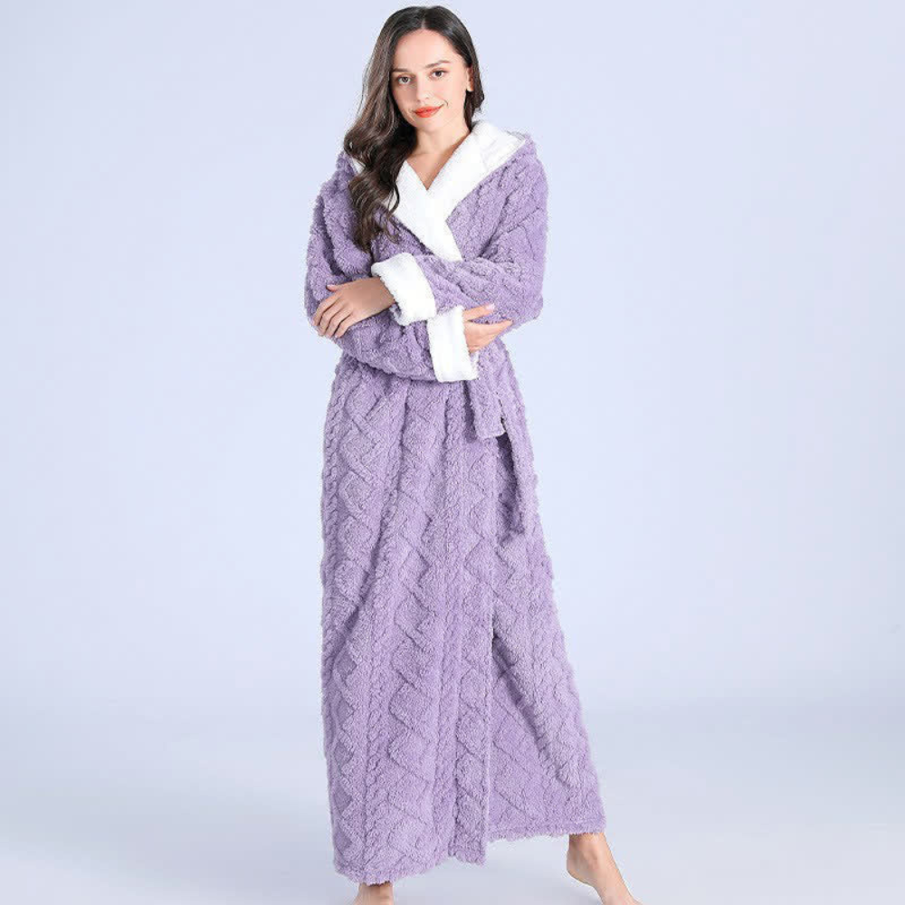 Long Warm Hooded Plush Dressing Gown — Practical Pockets Windproof Robe
