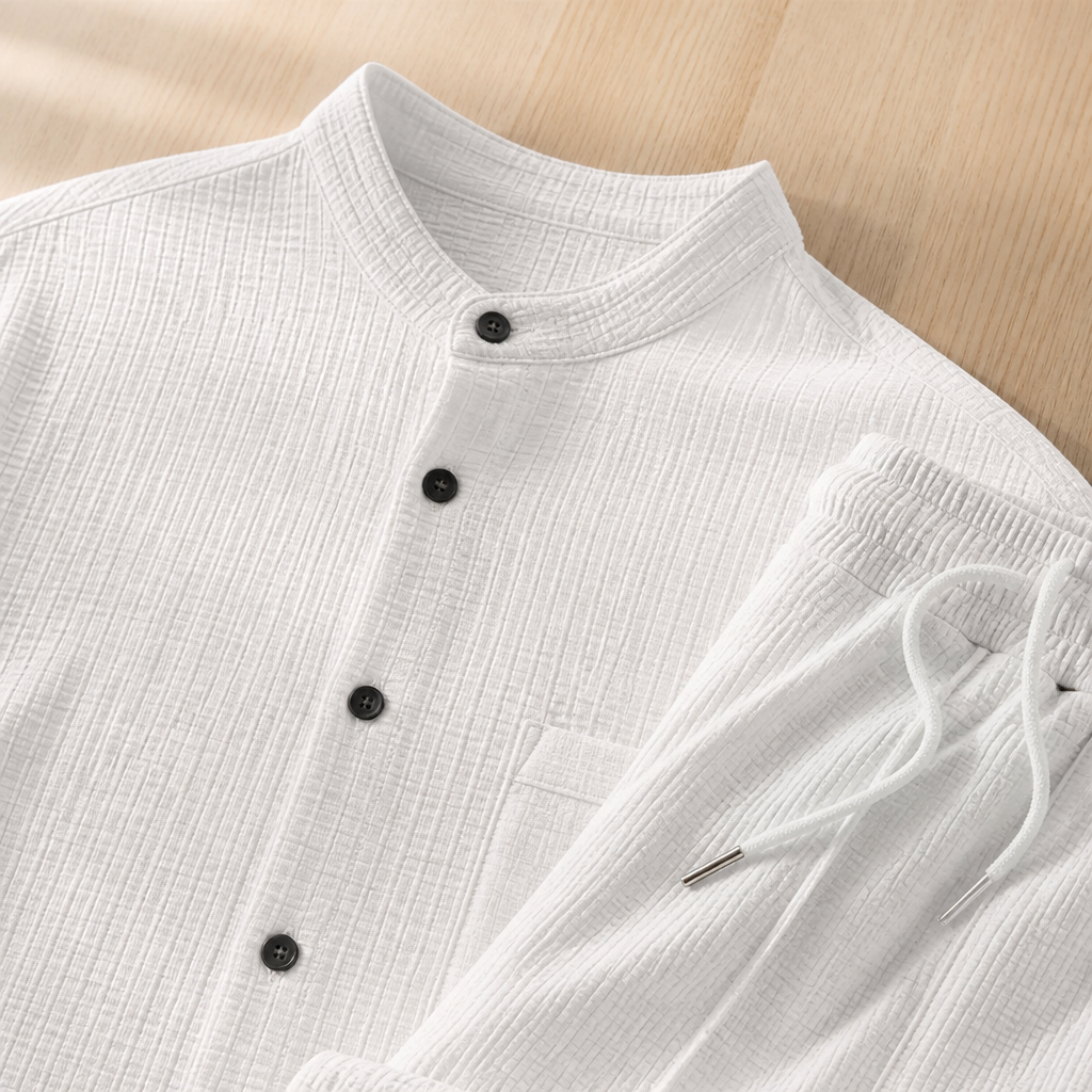 Stridonity – Relaxed Waffle-Texture Band-Collar Shirt & Pants Set | ribuella