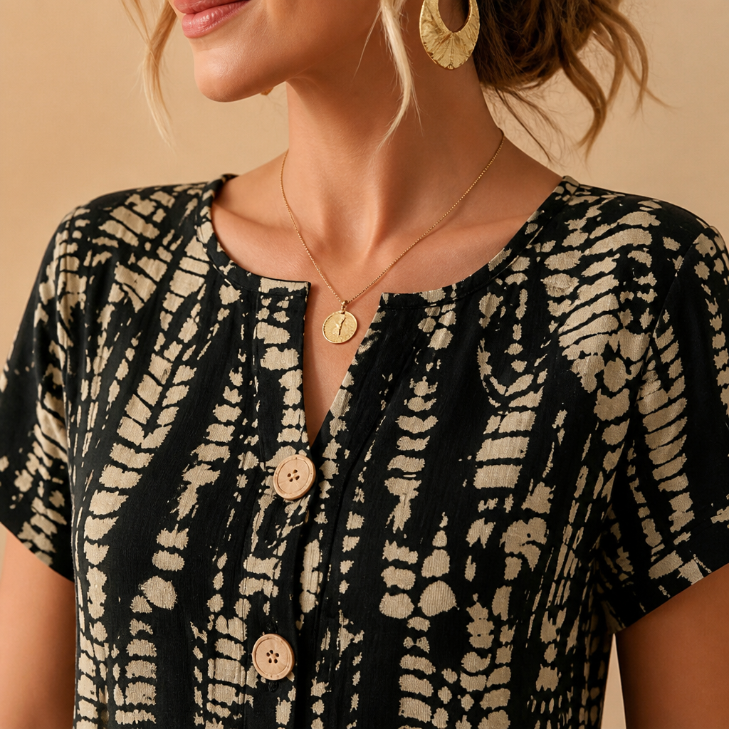 VelaMuse – Relaxed Button-Front Abstract Print Swing Dress with Pockets | ribuella