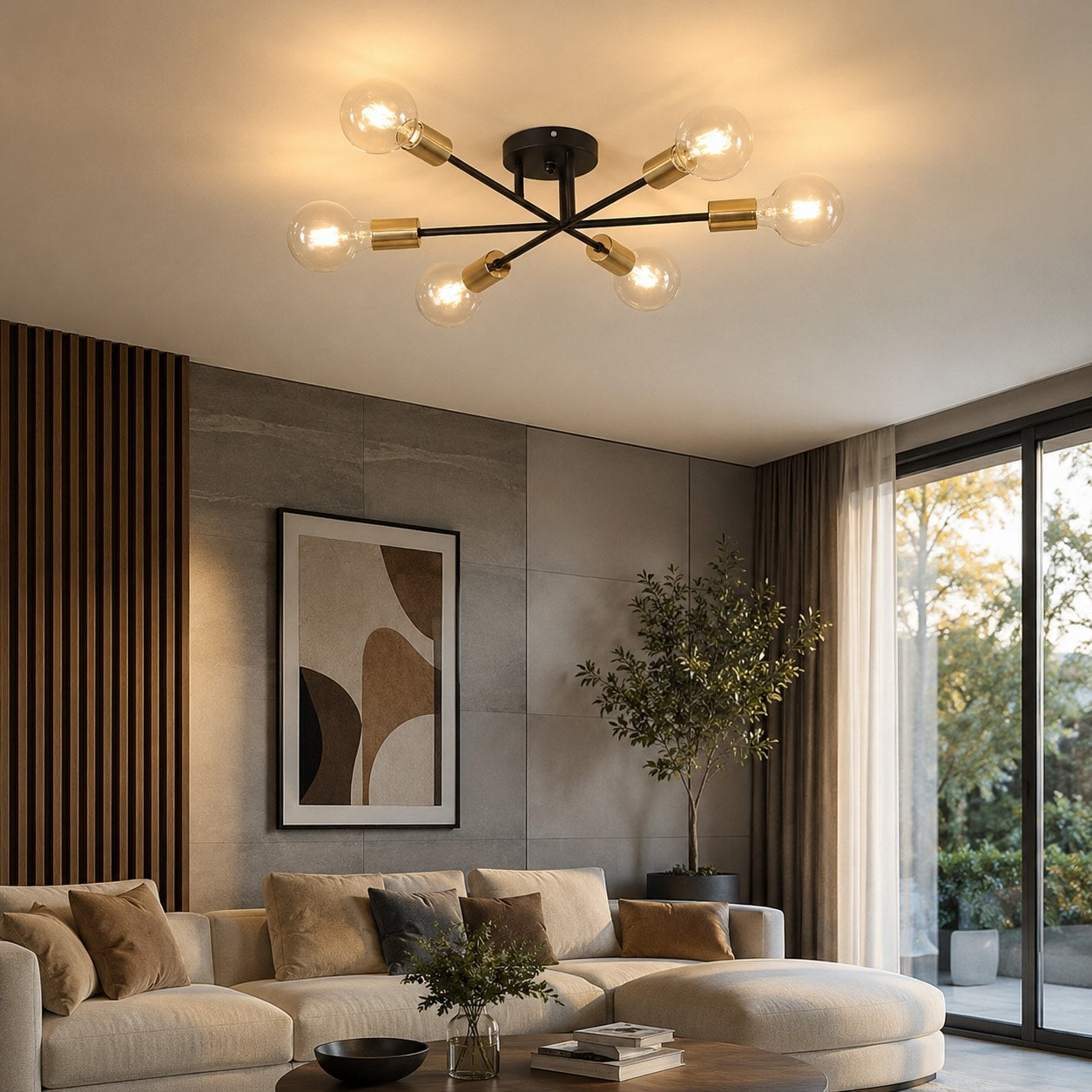 Moderní geometrické stropní svítidlo s kovovou základnou, LED a 6 žárovkami, průměr 28 Inch | ribuella