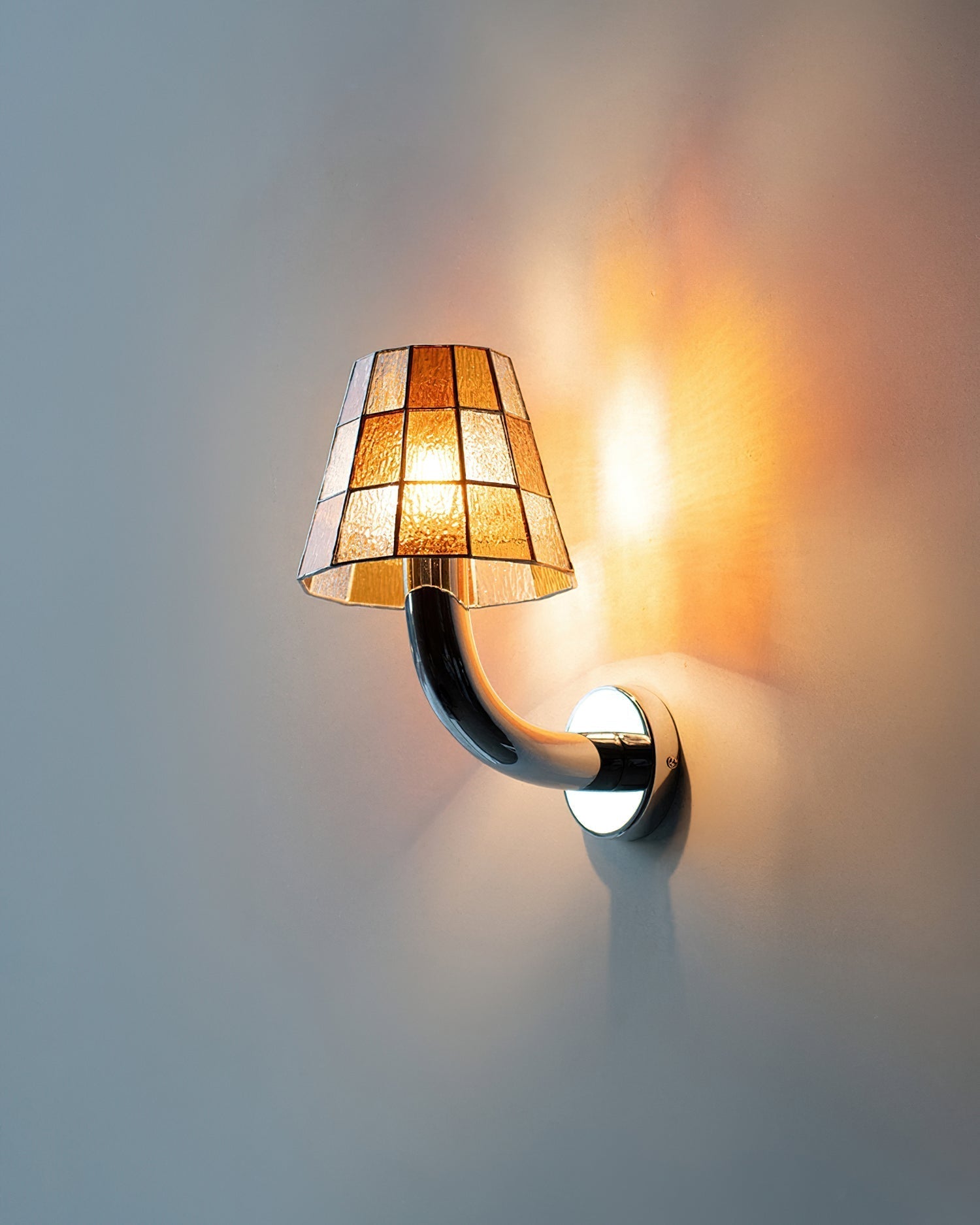 Fun Guy Wall Lamp Curved Chrome Arm And Mosaic Style Glass Shade