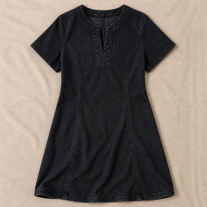 VarelaChic – Relaxed V-Neck Denim Shift Dress with Pockets | ribuella