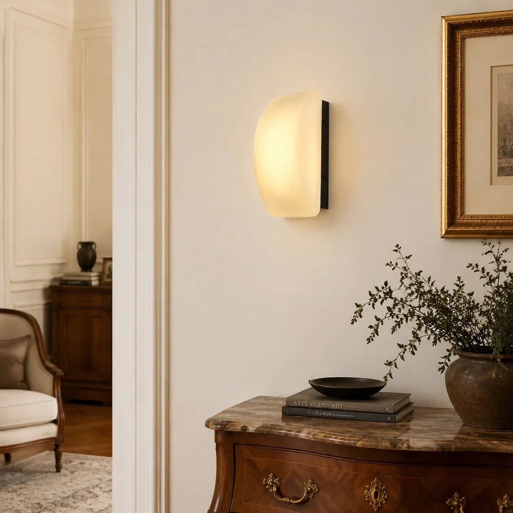 French Glass Wall Sconce - Curved Iron Frame, Black Metal Backplate, E27 Socket