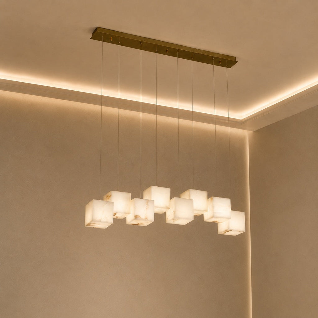 Modern Alabaster Box Pendant Light Hanging Fixture with LED Compatibility and Adjustable Height | ribuella
