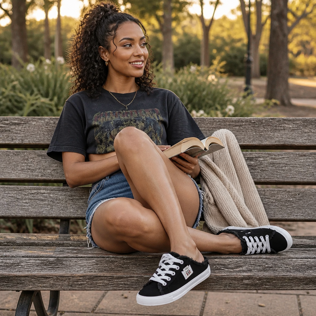 StridePulse – Casual Denim Mule Sneakers with Frayed Edges | ribuella