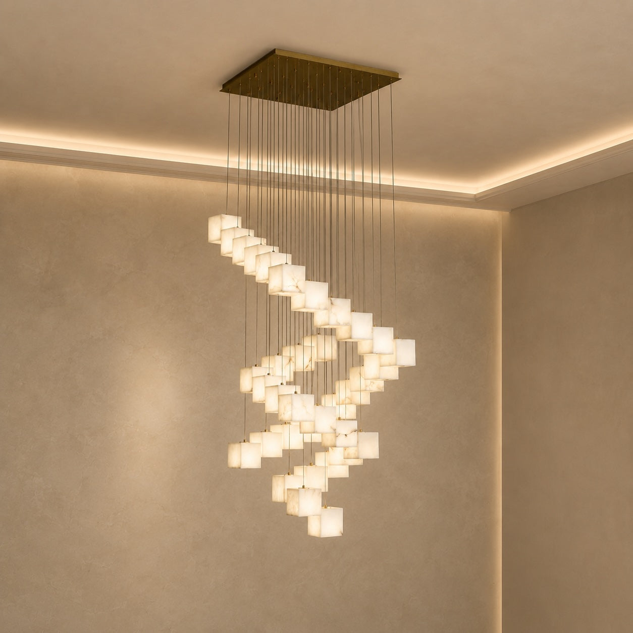 Modern Alabaster Box Pendant Light Hanging Fixture with LED Compatibility and Adjustable Height | ribuella