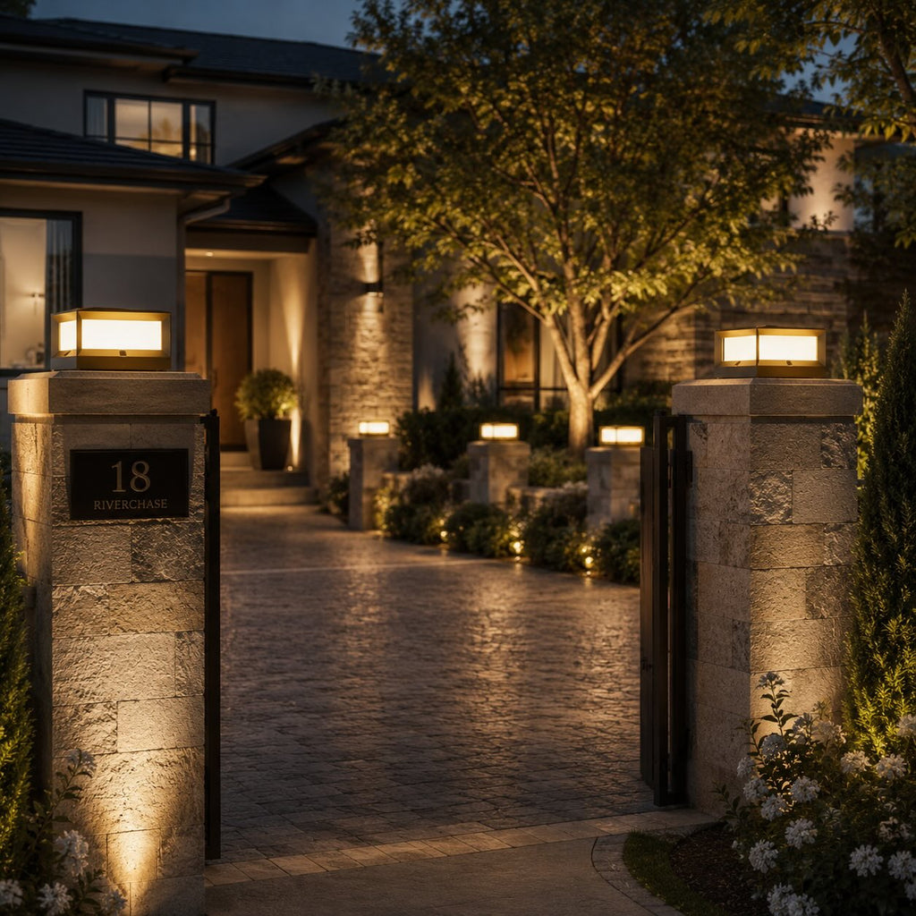 Moderne Solar-Gartenleuchten für den Außenbereich im Pfeilerdesign, wasserdicht, Aluminium, LED, 3200K | ribuella