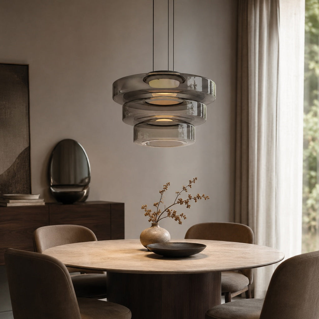 Modern Glass Pendant Light Hanging Fixture with Adjustable Height Dimmable LED and Iron Finish | ribuella