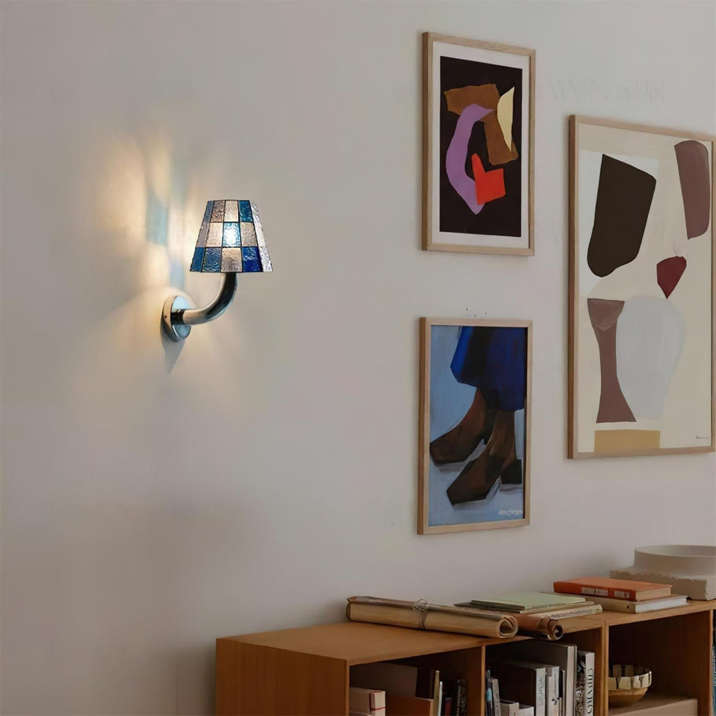 Fun Guy Wall Lamp Curved Chrome Arm And Mosaic Style Glass Shade