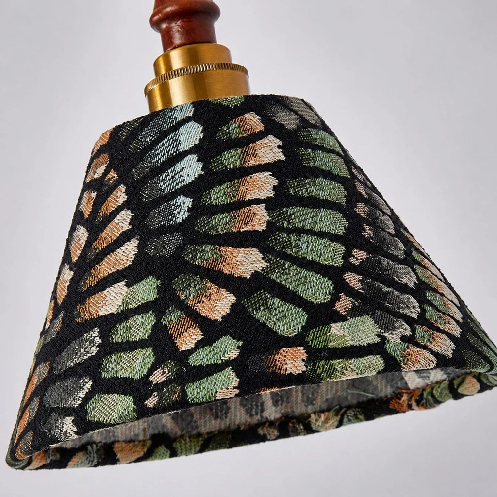 French Vintage Wall Sconce, Patterned Fabric Shade, Turned Wood Arm