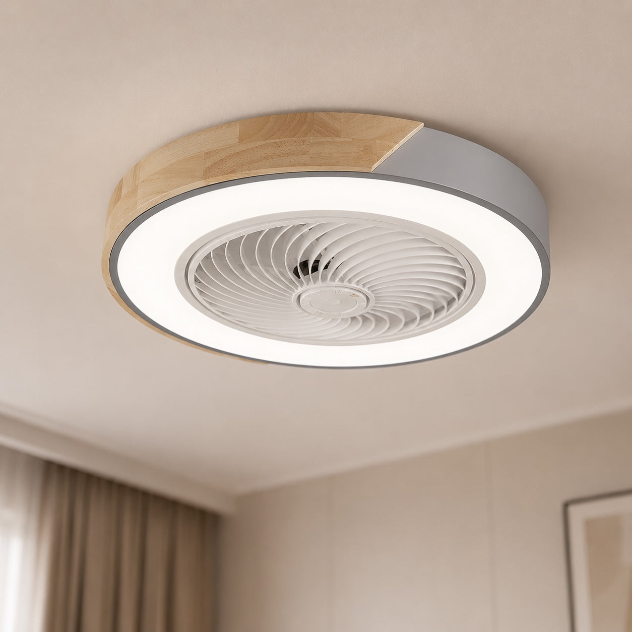 Moderner Deckenventilator ohne Flügel mit Beleuchtung, flache Montage, Eisenrahmen, dimmbare LED mit einstellbarer Farbtemperatur | ribuella