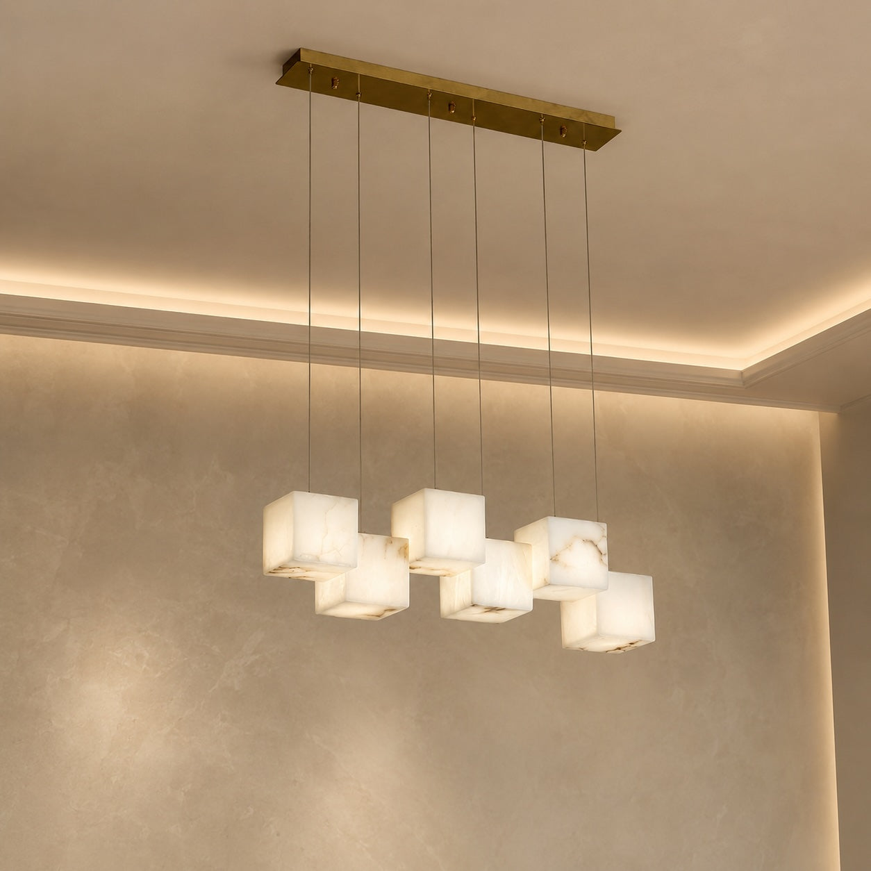 Modern Alabaster Box Pendant Light Hanging Fixture with LED Compatibility and Adjustable Height | ribuella