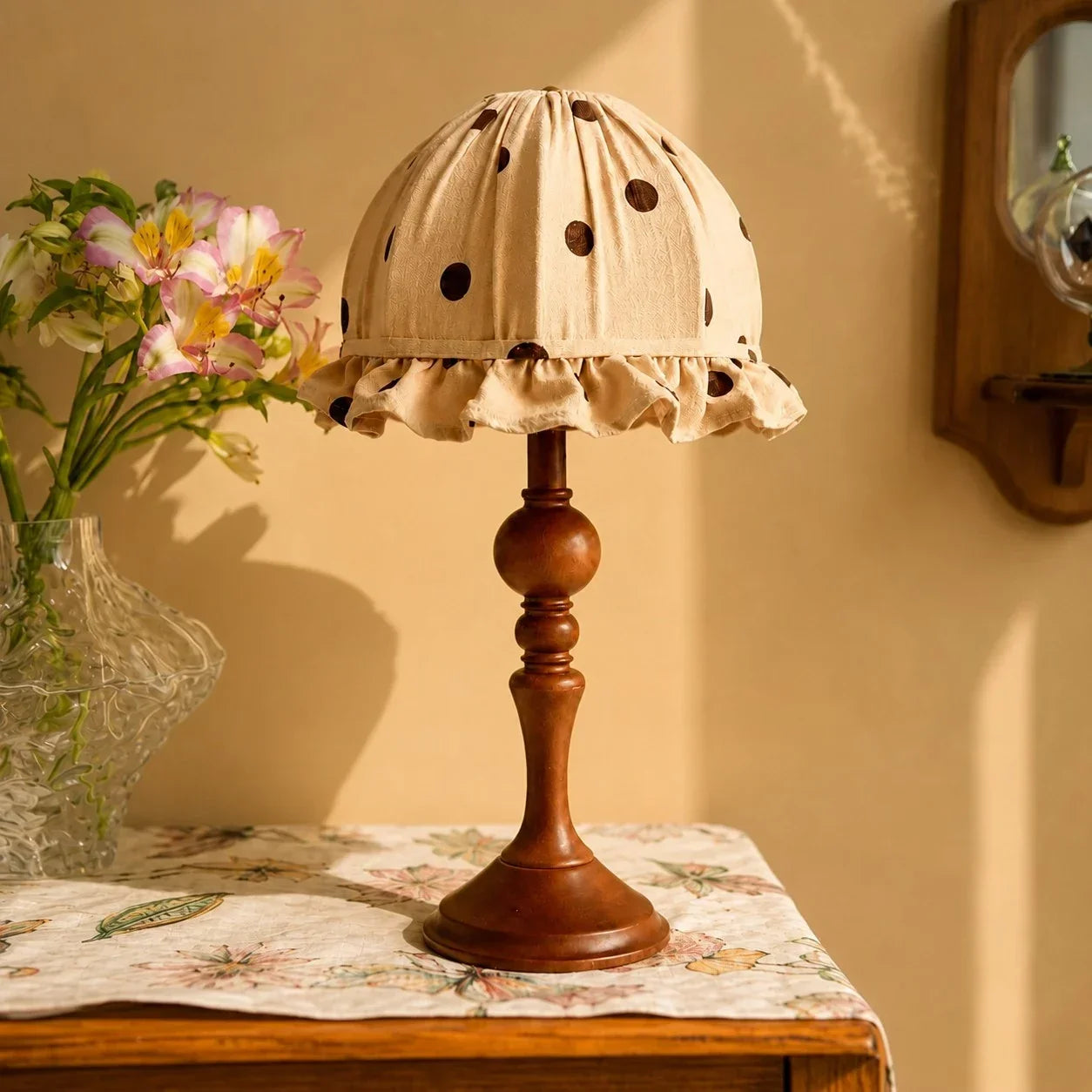 French Vintage Polka Dot Fabric Table Lamp White or Brown Trim