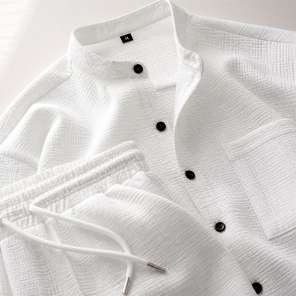 Stridonity – Relaxed Waffle-Texture Band-Collar Shirt & Pants Set | ribuella