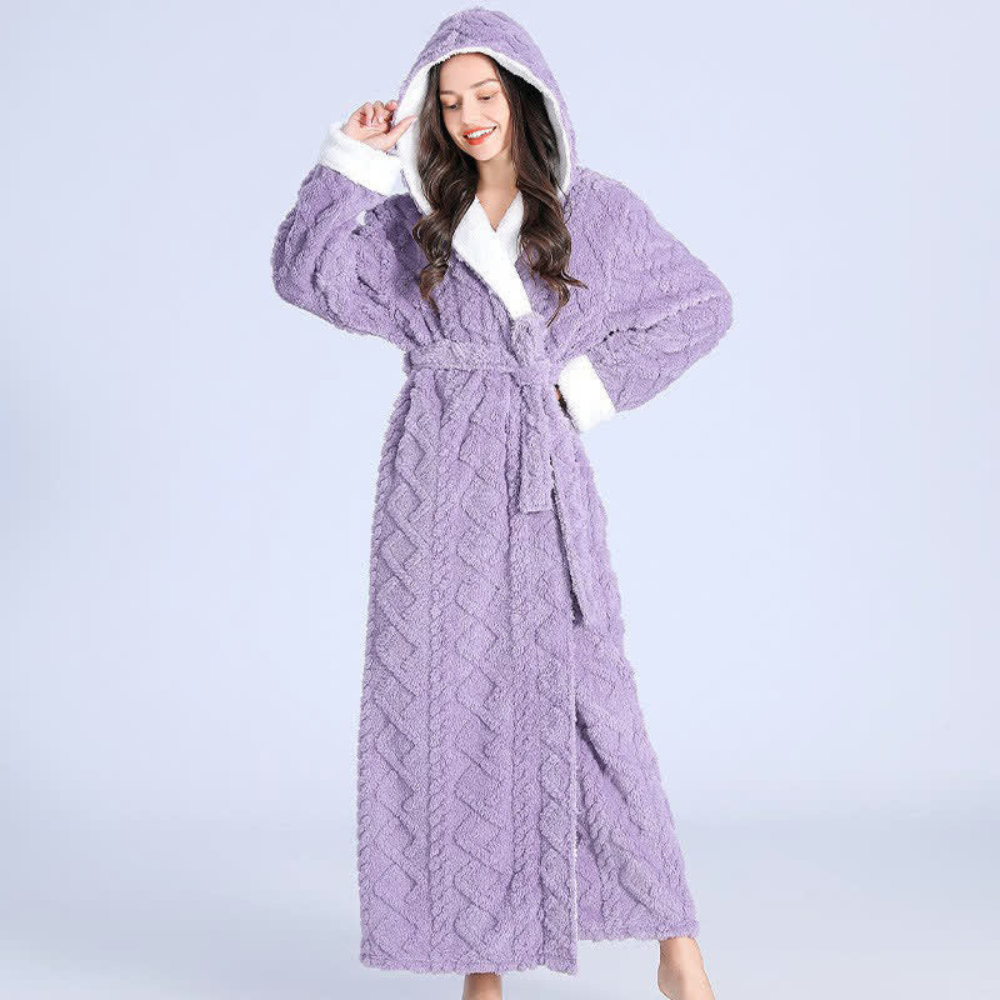 Long Warm Hooded Plush Dressing Gown — Practical Pockets Windproof Robe