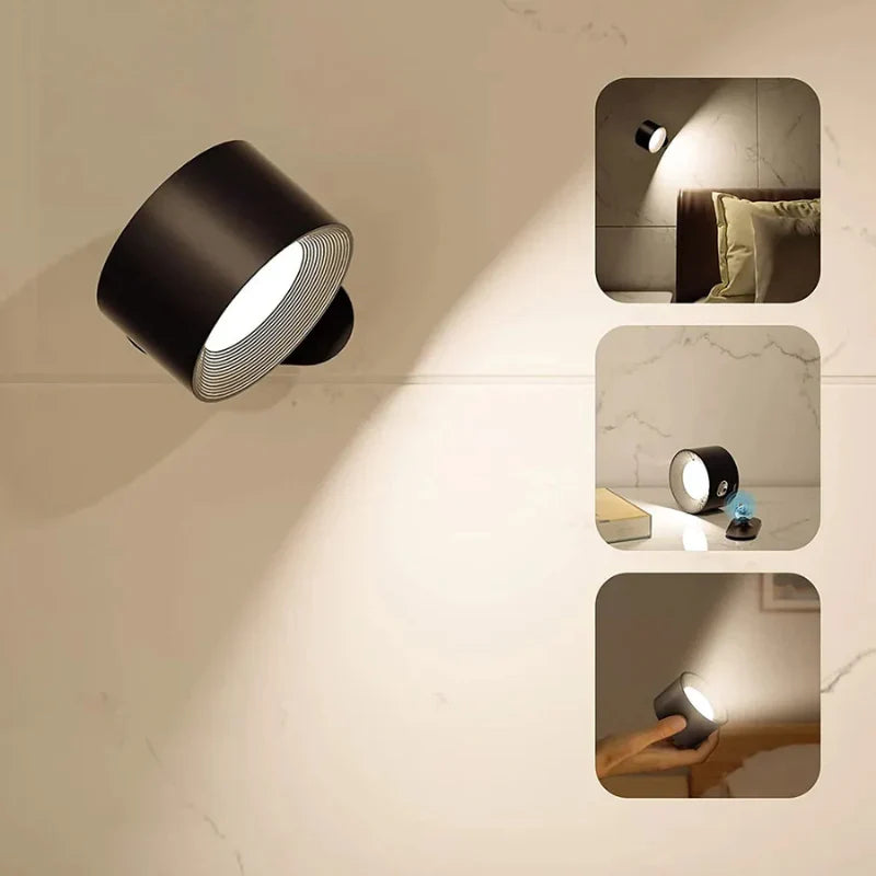 Magnetyczna bezprzewodowa lampa ścienna z regulacją jasności, ładowana, obracana o 360°