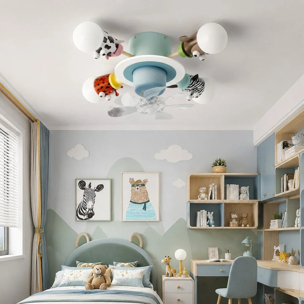Kids Animal Ceiling Fan Light - Full-Spectrum Lighting, Globe Shades, Transparent Blades