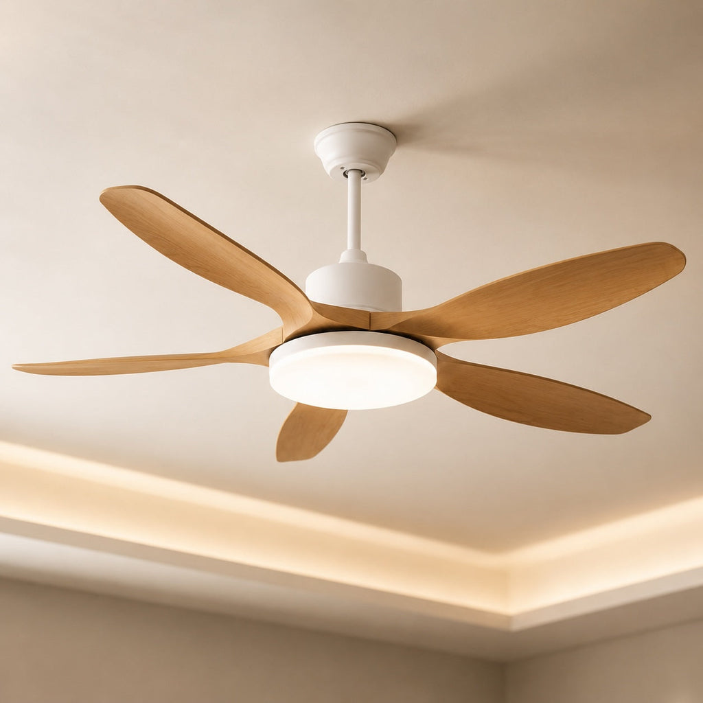 Moderne Deckenventilatorleuchte mit 5 Flügeln, flache Metallmontage, einstellbare LED mit Fernbedienung | ribuella