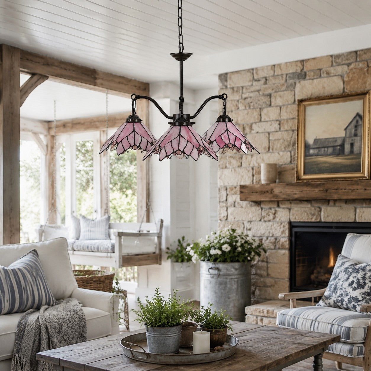 Four-Light Stained Glass Chandelier — Hand-Cut Glass Shades