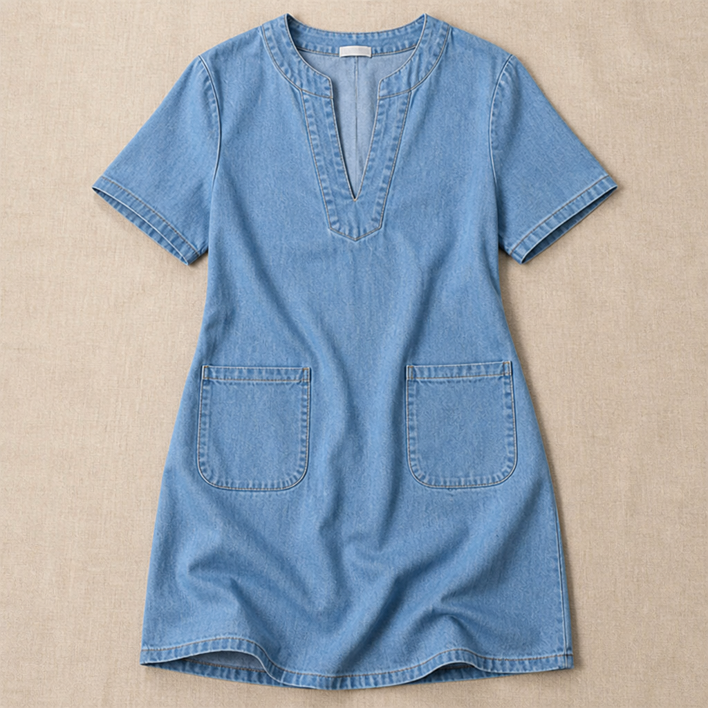 VarelaChic – Relaxed V-Neck Denim Shift Dress with Pockets | ribuella