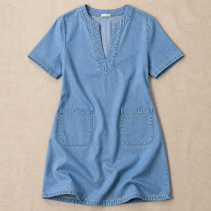 VarelaChic – Relaxed V-Neck Denim Shift Dress with Pockets | ribuella