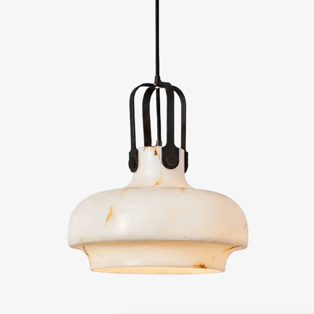 Round French Vintage Pendant Light, Faux Marble Shade, Cream Tone, Amber Veining