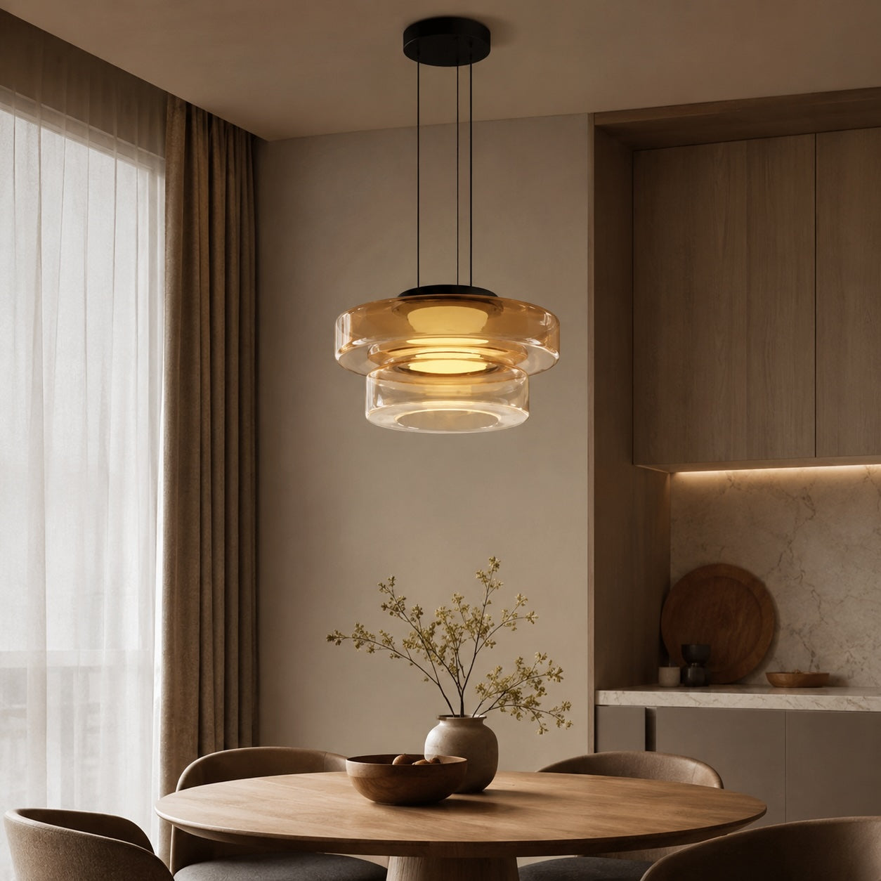 Modern Glass Pendant Light Hanging Fixture with Adjustable Height Dimmable LED and Iron Finish | ribuella