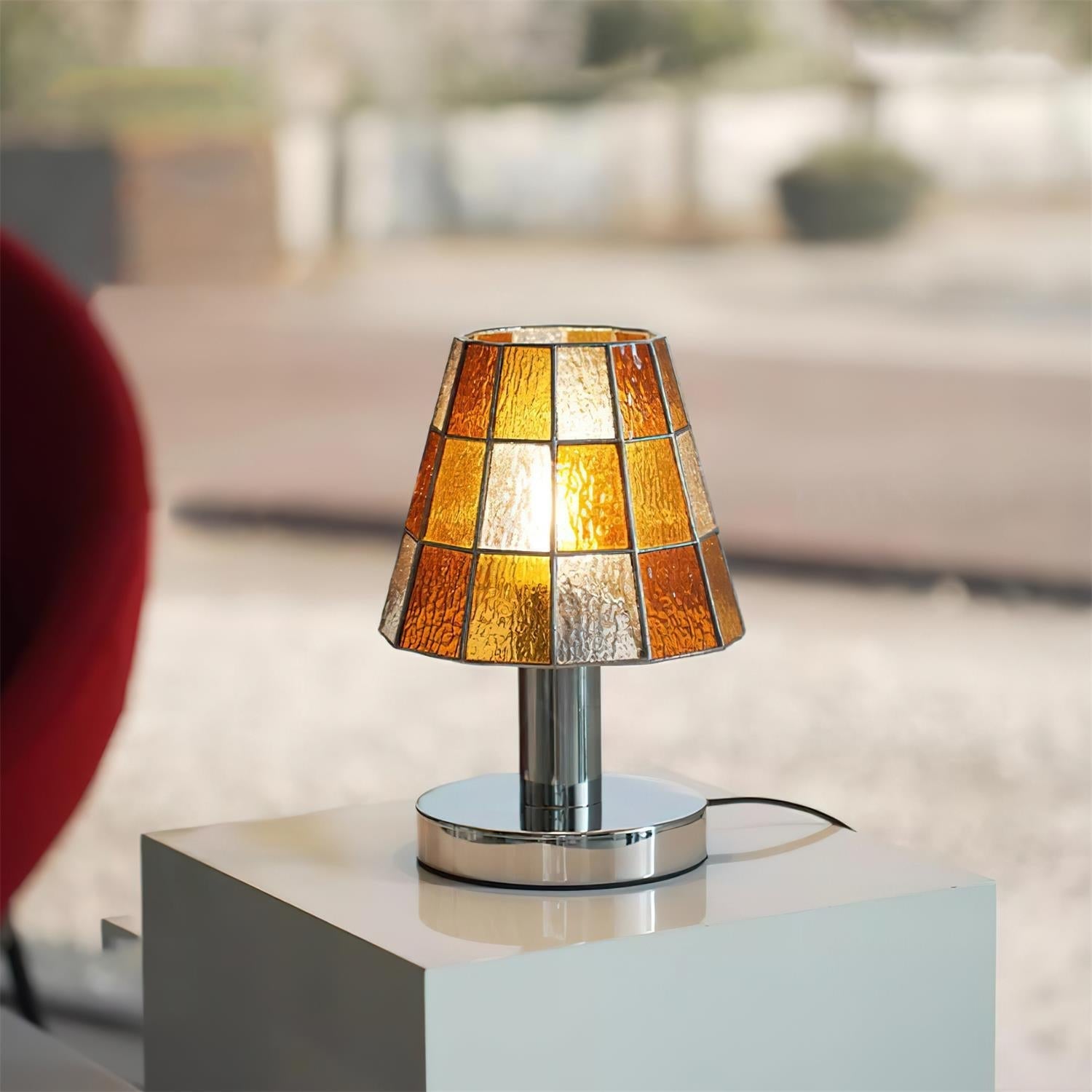 Fun Guy Table Lamp Contemporary Geometric Silhouette In Amber Blue And Clear Colors