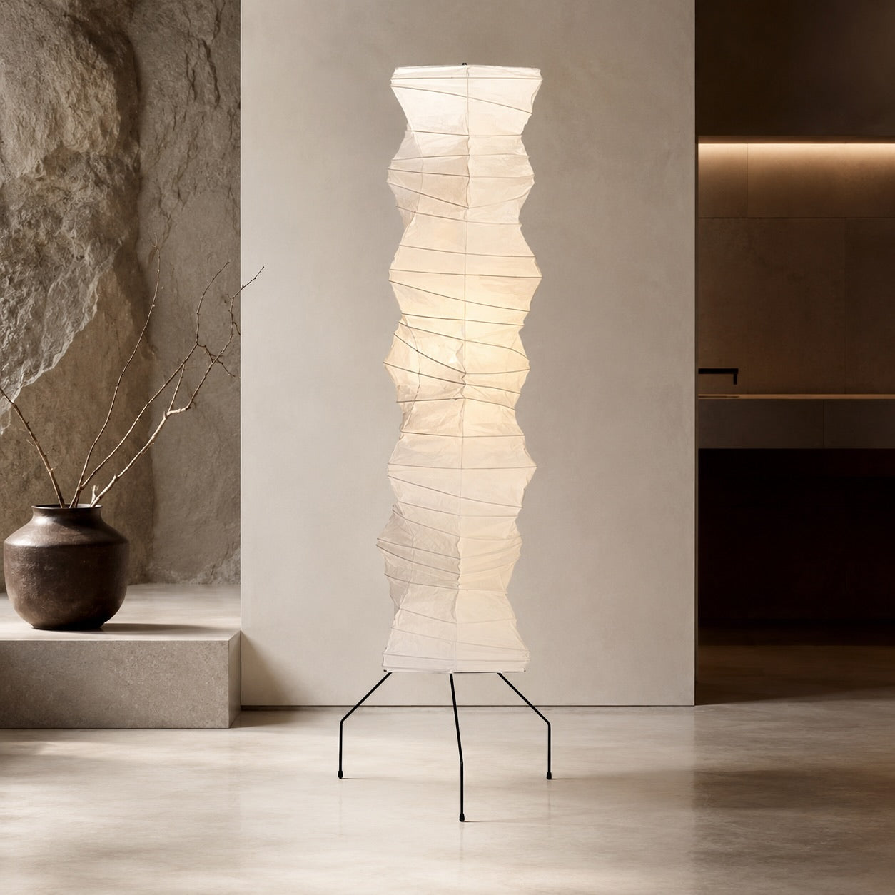 Lampadaire noir moderne au design réglable, avec abat-jour en papier washi pour ampoules LED | ribuella