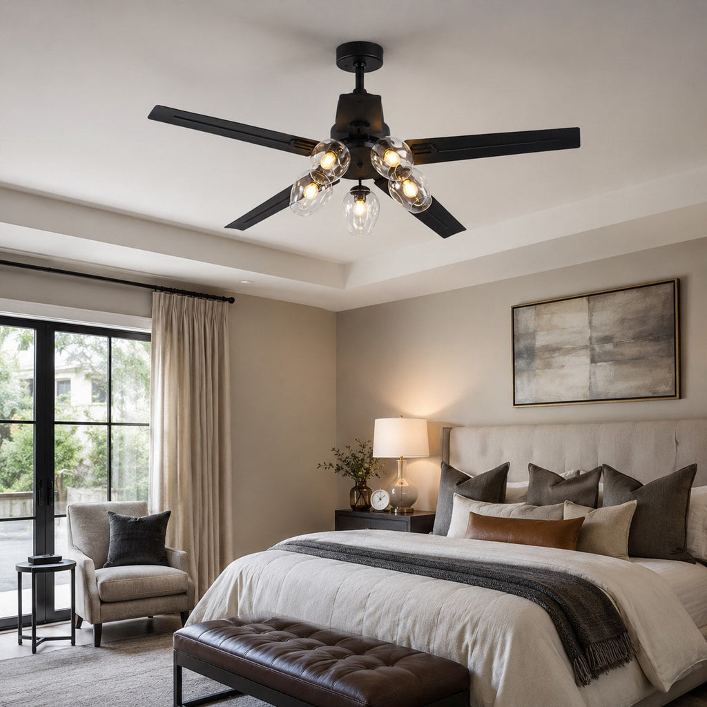 Industrial Black Ceiling Fan Light Flush Mount Metal Adjustable LED 52 Inch 60W | ribuella