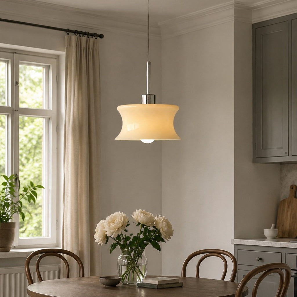 French Retro Glass Pendant Light, Compact Hourglass Shade, Slim Suspension