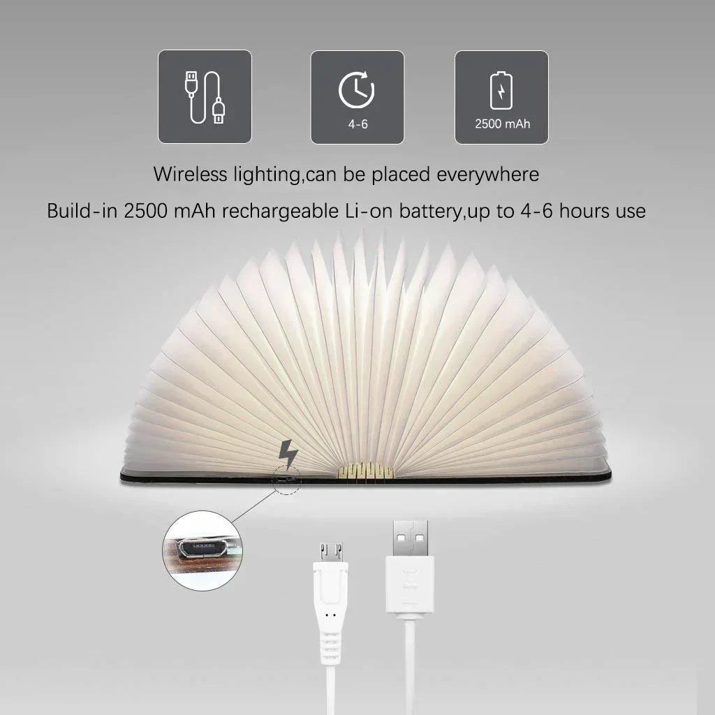 מנורת לילה קומפקטית בצורת ספר, נטענת ב-USB ובעלת תאורת LED