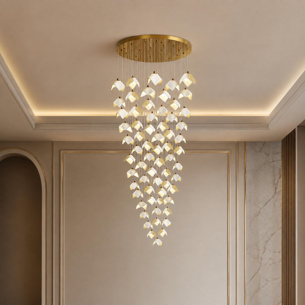 Moderner Kronleuchter, höhenverstellbare goldfarbene Deckenleuchte aus Metall und Keramik, LED-Leuchte für 7 bis 64 Glühbirnen | ribuella