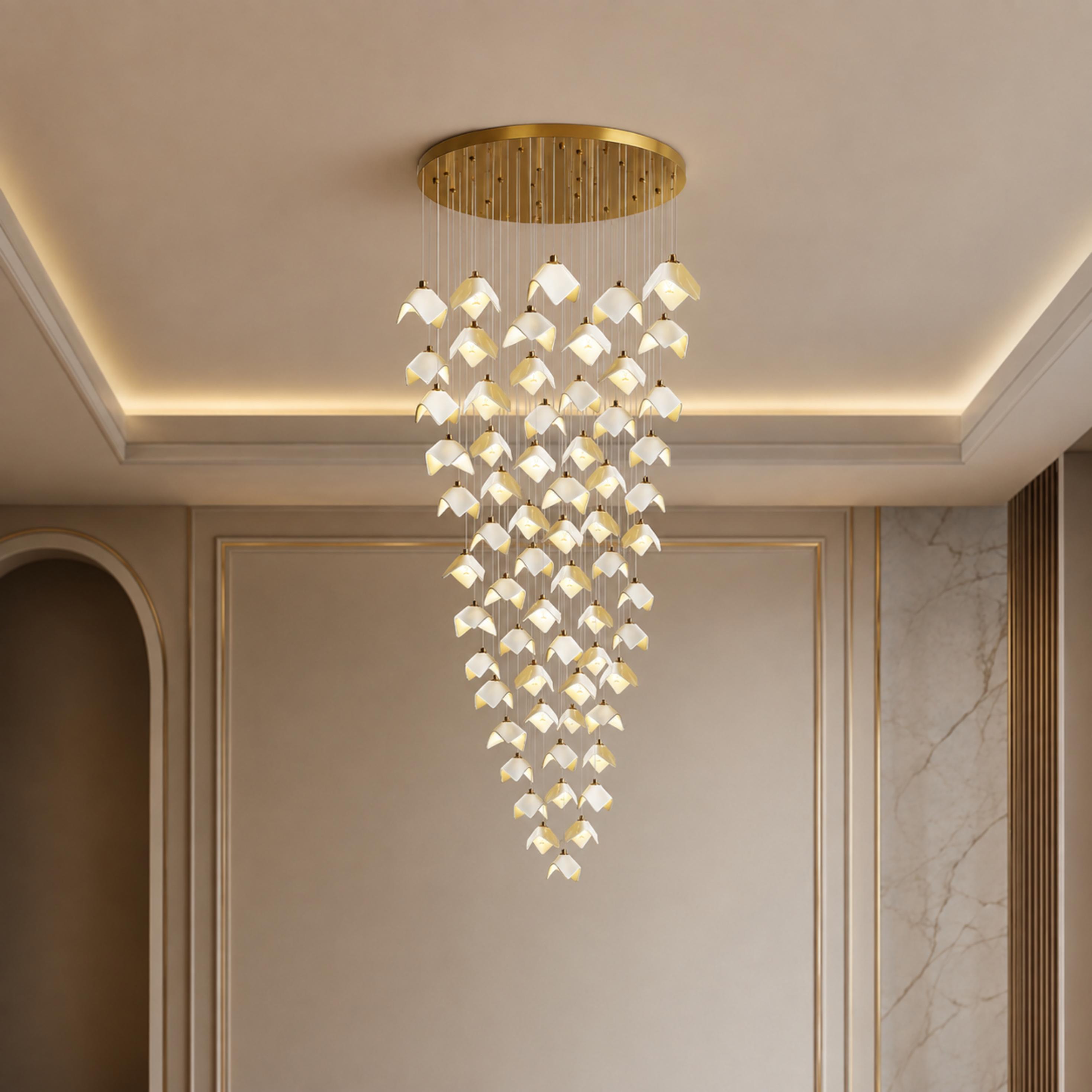 Moderner Kronleuchter, höhenverstellbare goldfarbene Deckenleuchte aus Metall und Keramik, LED-Leuchte für 7 bis 64 Glühbirnen | ribuella