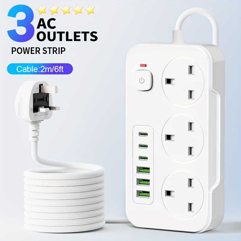 Ciabatta elettrica da 13A con 9 porte, 3 prese CA, 6 porte USB e cavo di prolunga da 2M