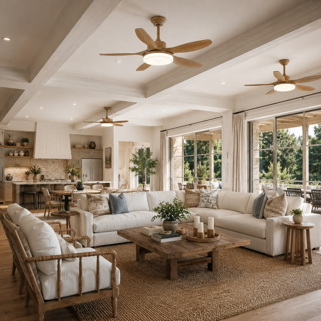Moderne Deckenventilatorleuchte mit 5 Flügeln, flache Metallmontage, einstellbare LED mit Fernbedienung | ribuella