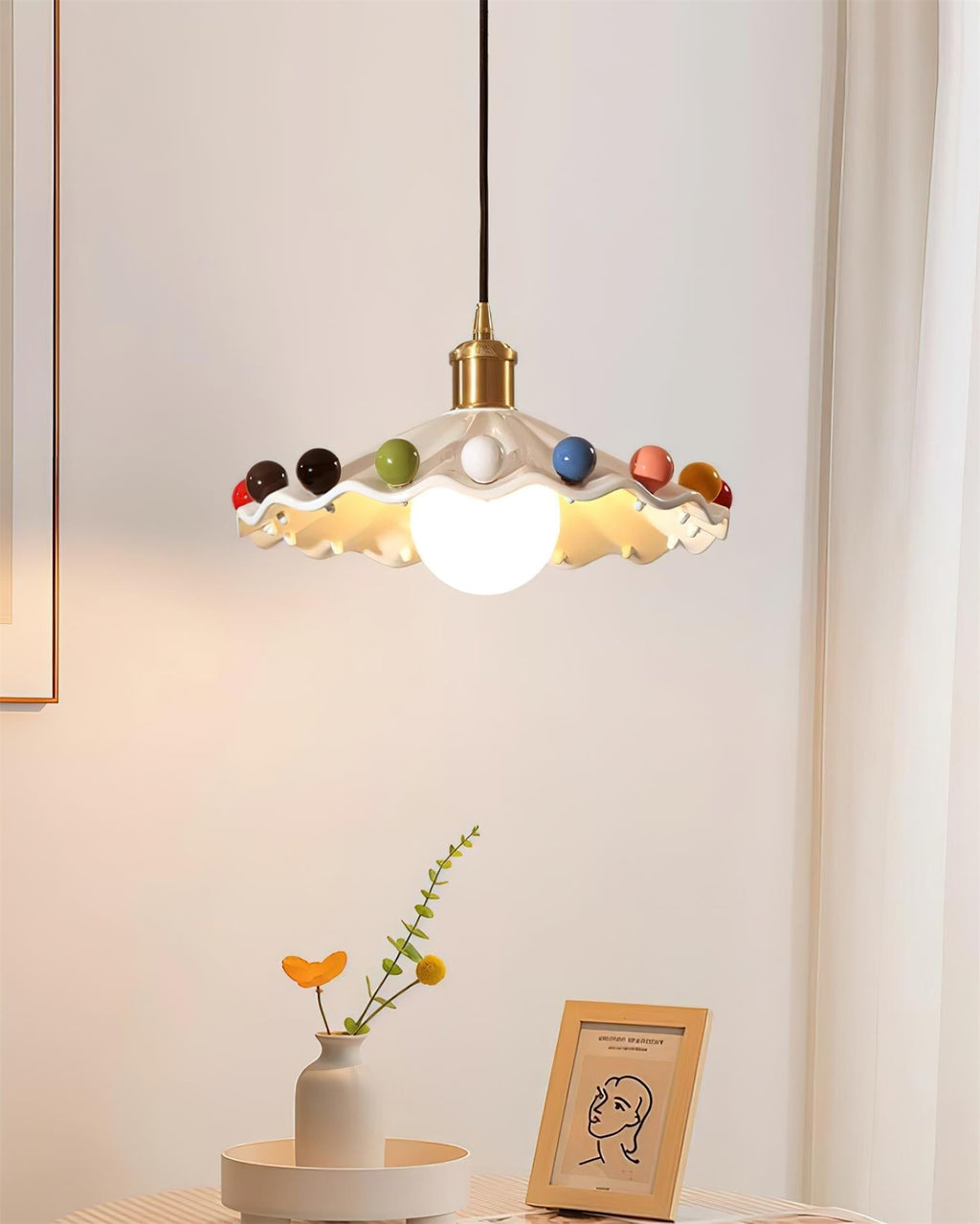 Fonthill Pendant Lamp, Sculpted Wavy Form, Glossy Bead Detail
