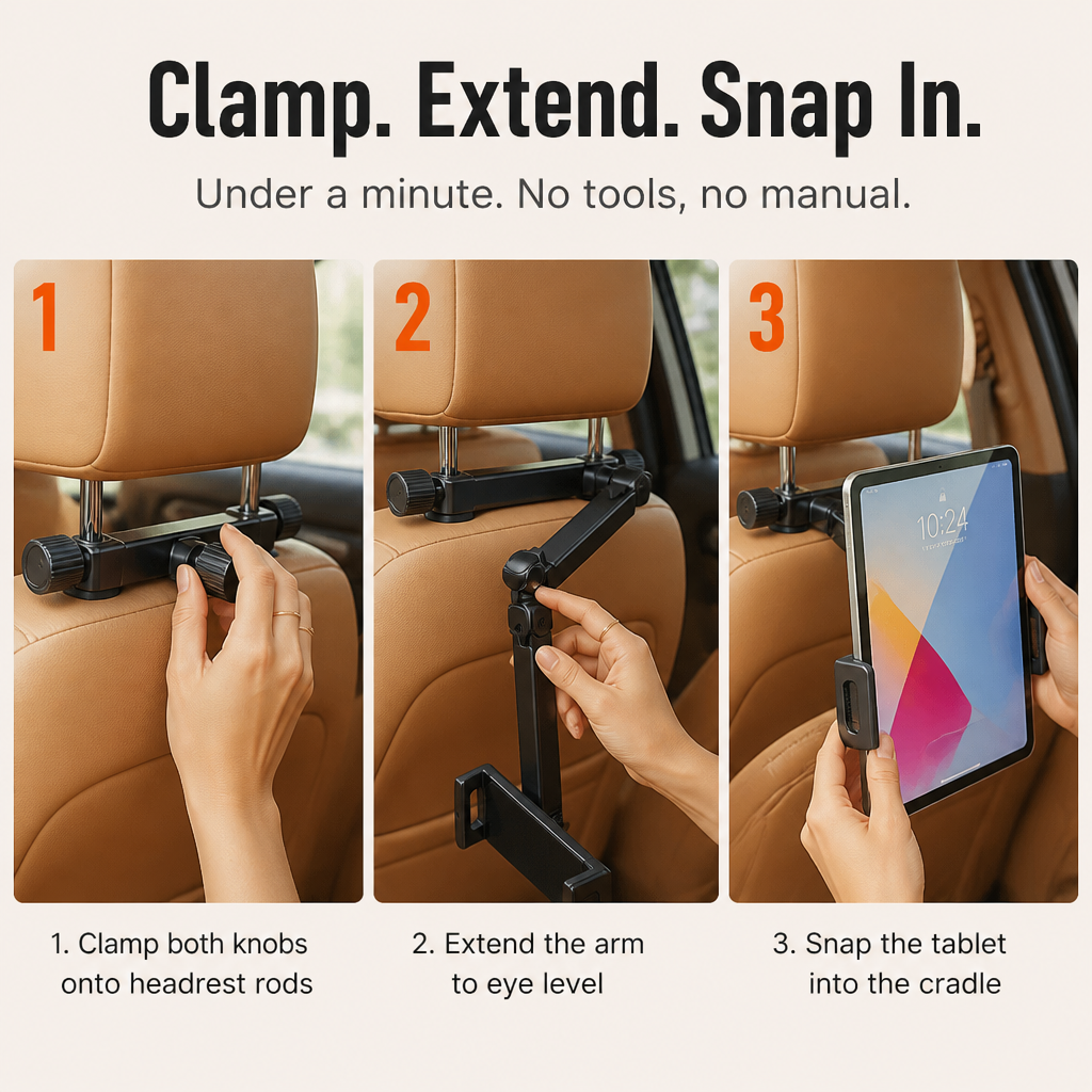 RoadEase | Position Your Tablet Perfectly Centered Between Headrests for Comfortable Backseat Viewing | ribuella