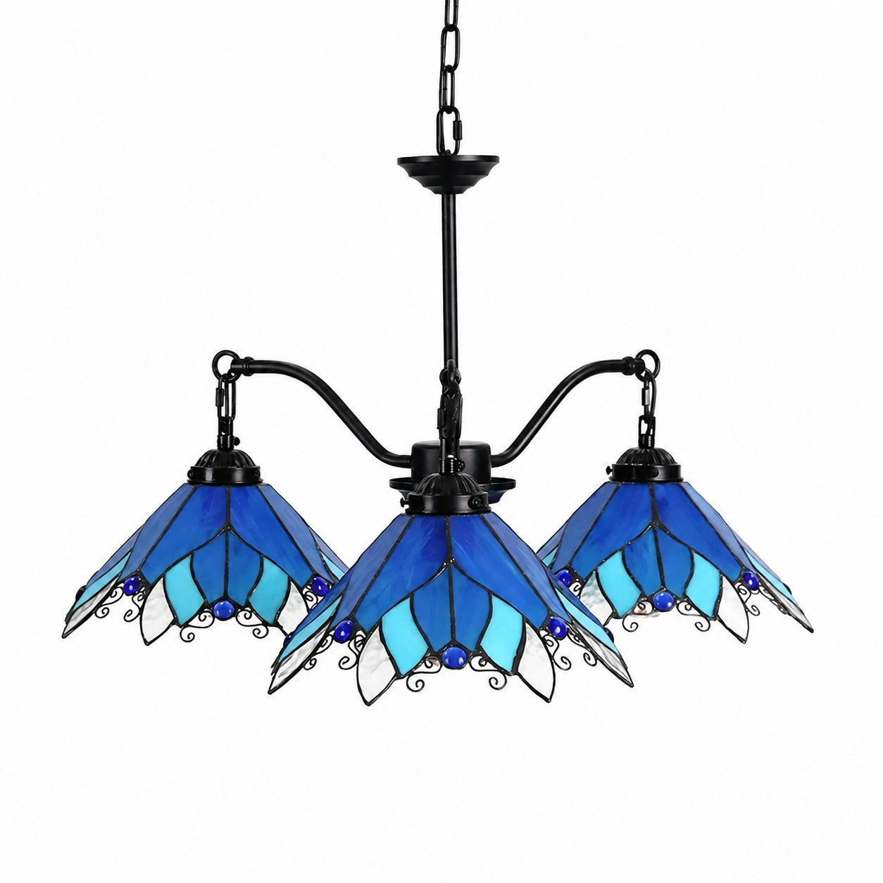 Four-Light Stained Glass Chandelier — Hand-Cut Glass Shades