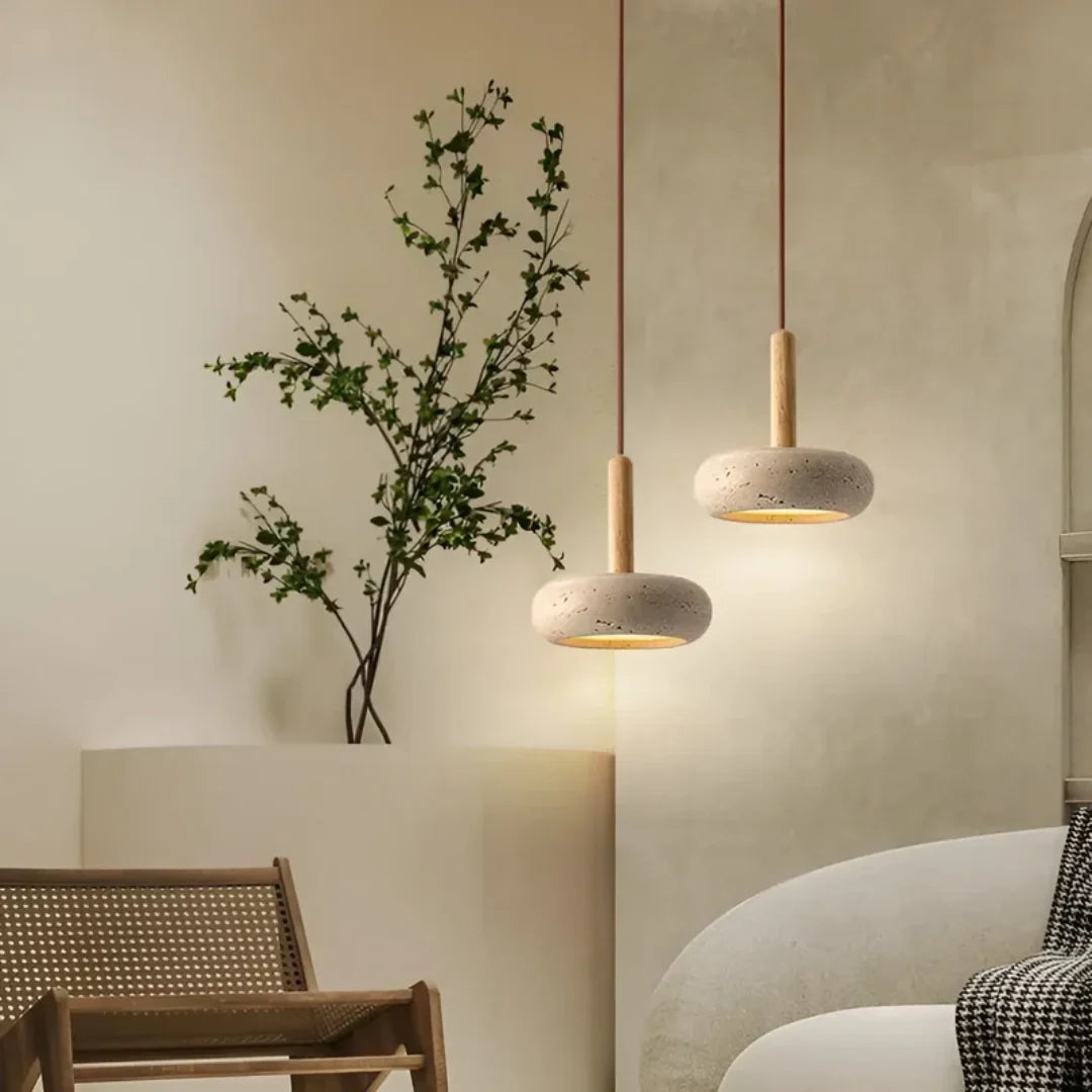 Travertine Hanging Light with Wooden Accent – Warm Glow, Adjustable Cord | ribuella