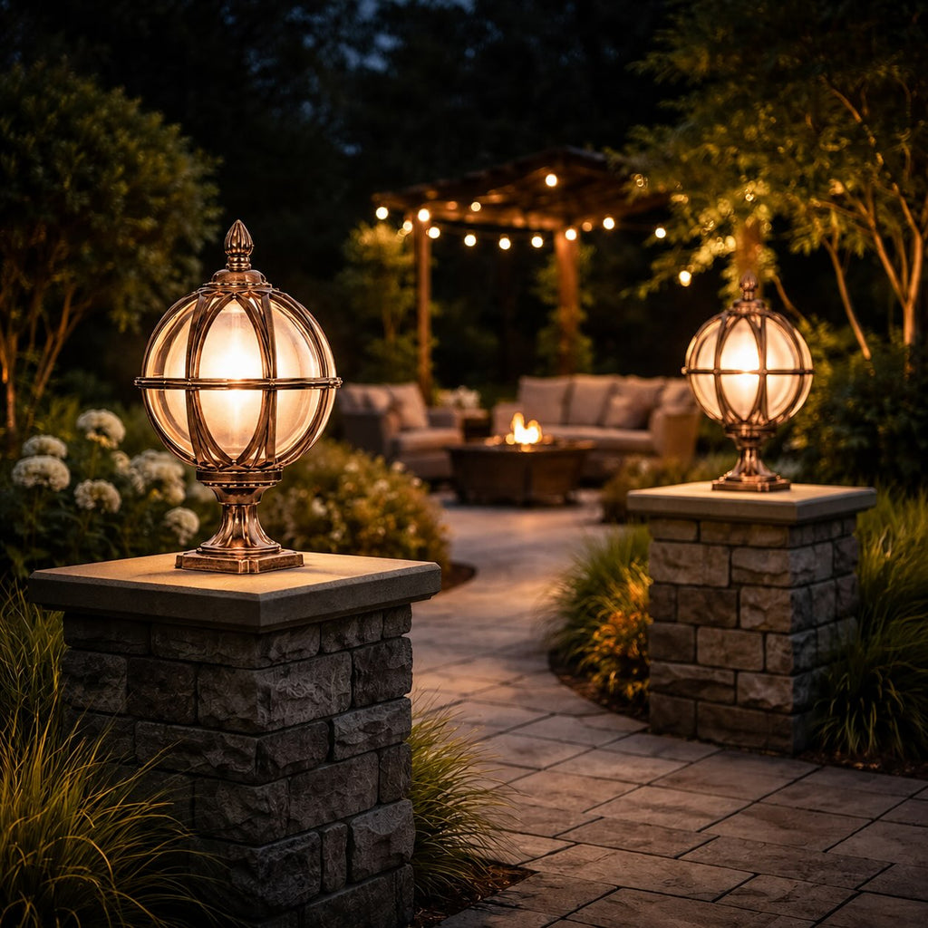 Modern Round Globe Outdoor Fence Post Light Waterproof Aluminum and Glass Adjustable Height | ribuella