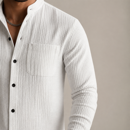 Stridonity – Relaxed Waffle-Texture Band-Collar Shirt & Pants Set | ribuella