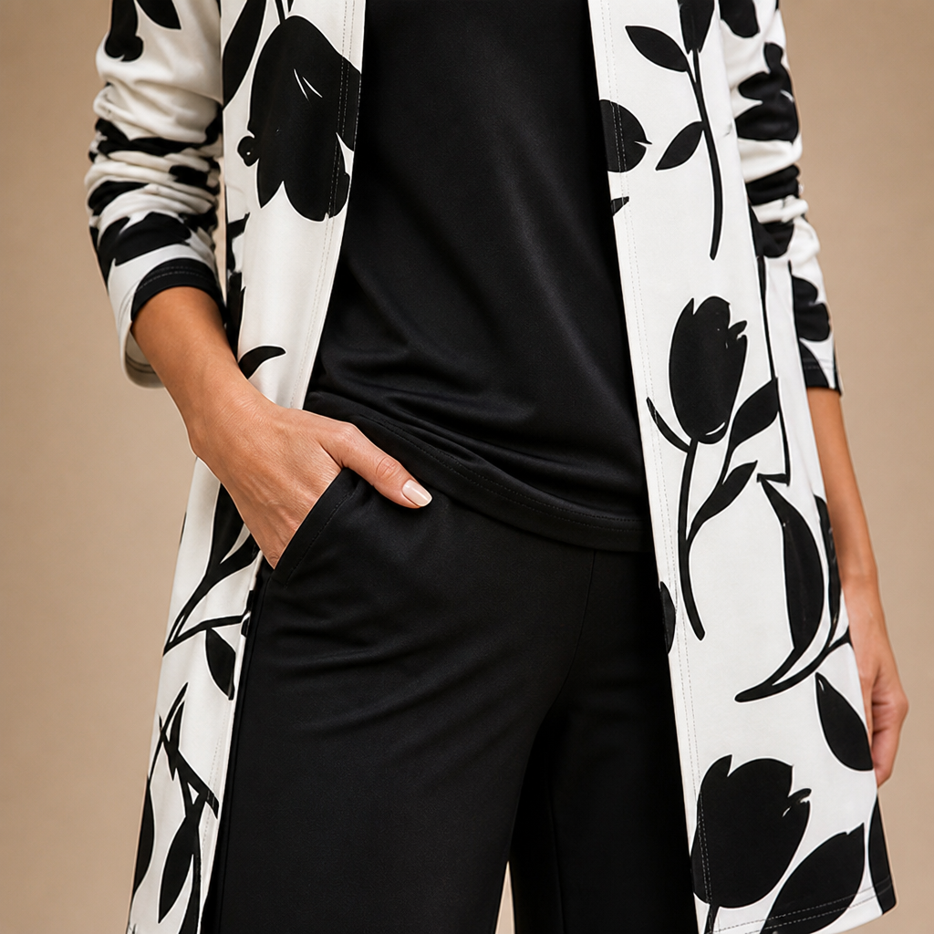 VelaLuxe – Elegant 3-Piece Set with Floral Cardigan & Wide-Leg Pants | ribuella