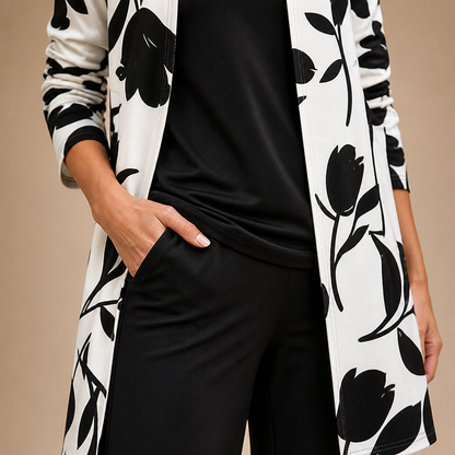 VelaLuxe – Elegant 3-Piece Set with Floral Cardigan & Wide-Leg Pants | ribuella