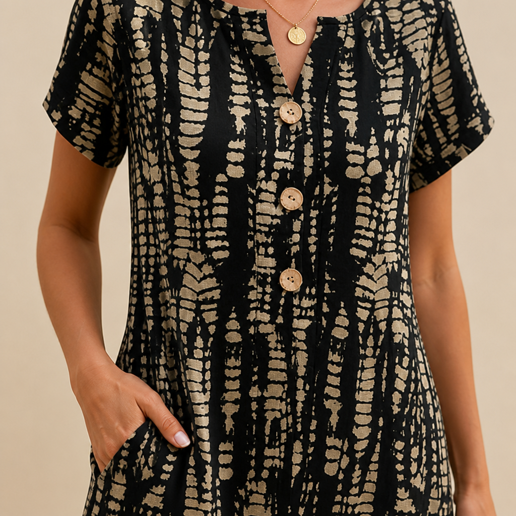 VelaMuse – Relaxed Button-Front Abstract Print Swing Dress with Pockets | ribuella