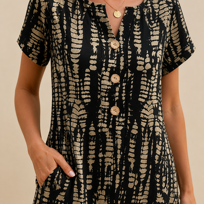 VelaMuse – Relaxed Button-Front Abstract Print Swing Dress with Pockets | ribuella