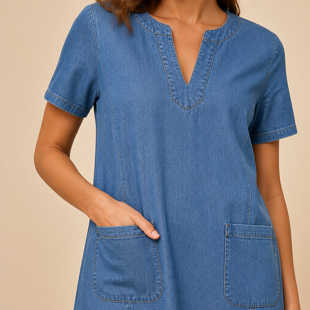 VarelaChic – Relaxed V-Neck Denim Shift Dress with Pockets | ribuella